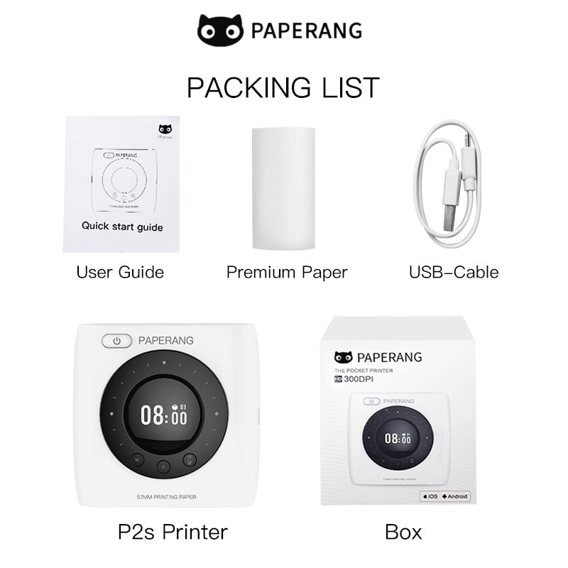 PAPERANG P2S 300dpi BT Pocket Printer Wireless Thermal Printer Portable Photo Label Clock Function Sticker Thermal Paper Roll - O Galaxy Mart